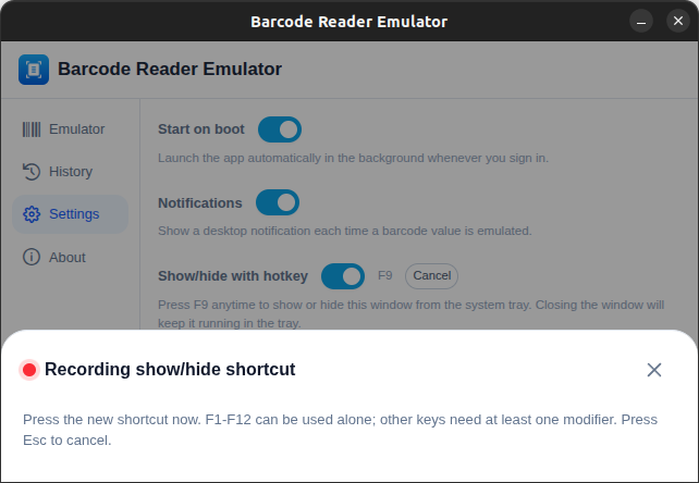 Barcode Scanner Emulator show or hide shortcut settings.